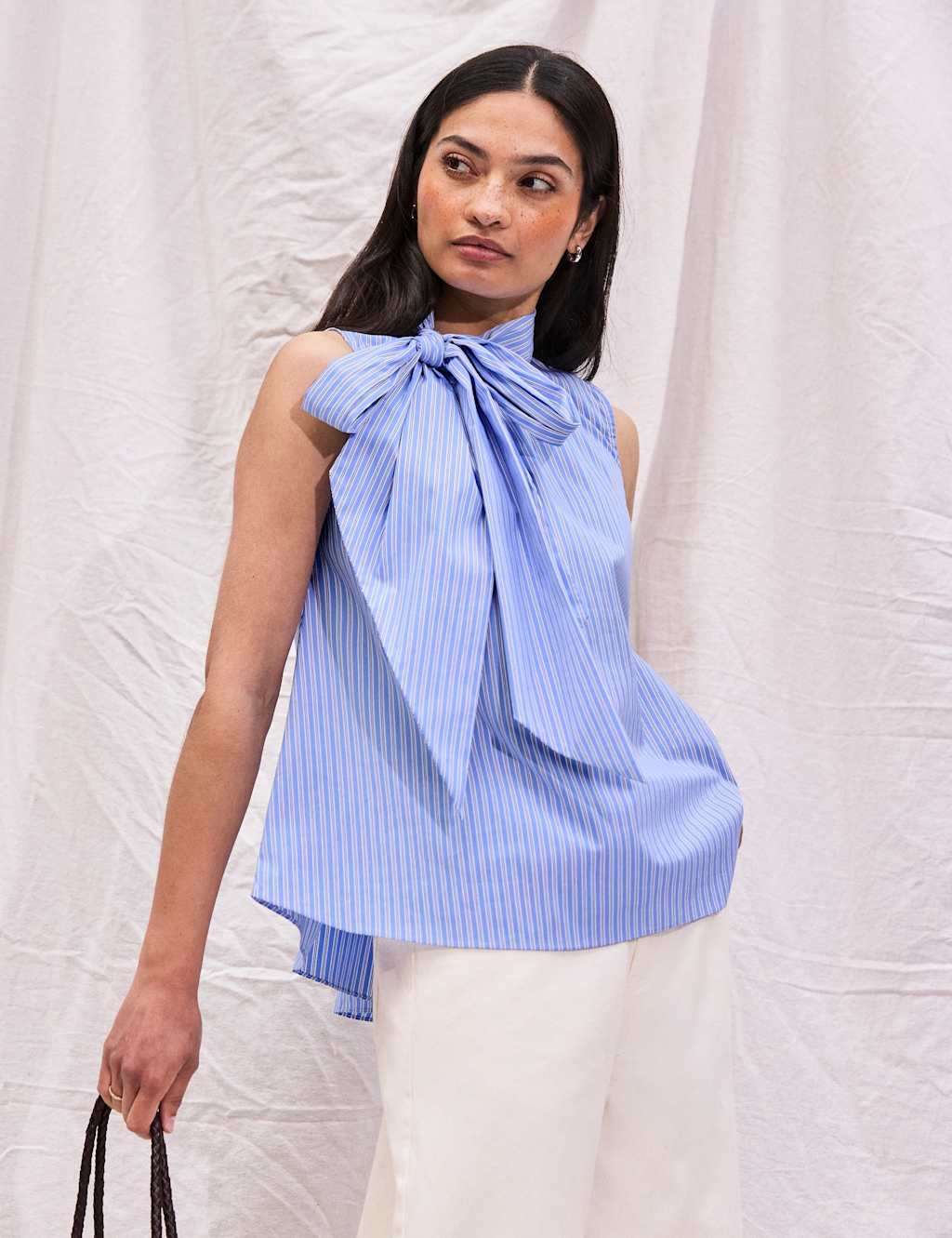 Ro&Zo Women's Cotton Rich Striped Tie Neck Bow Blouse - 12 - Light Blue Mix - Available at M&S