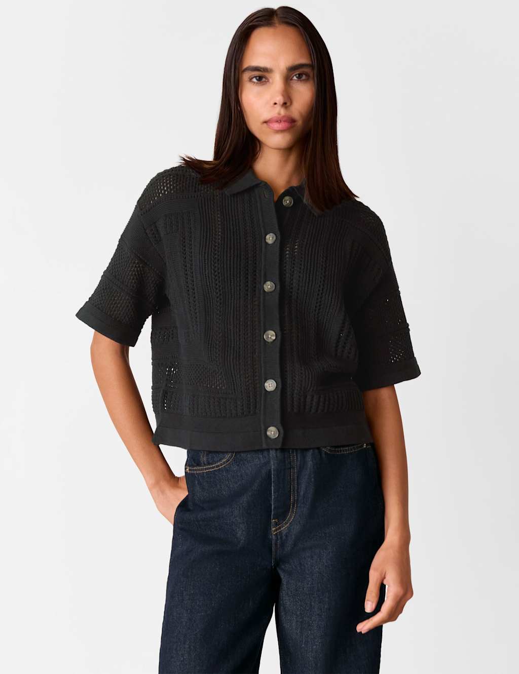 Pure Cotton Crochet Effect Knitted Shirt