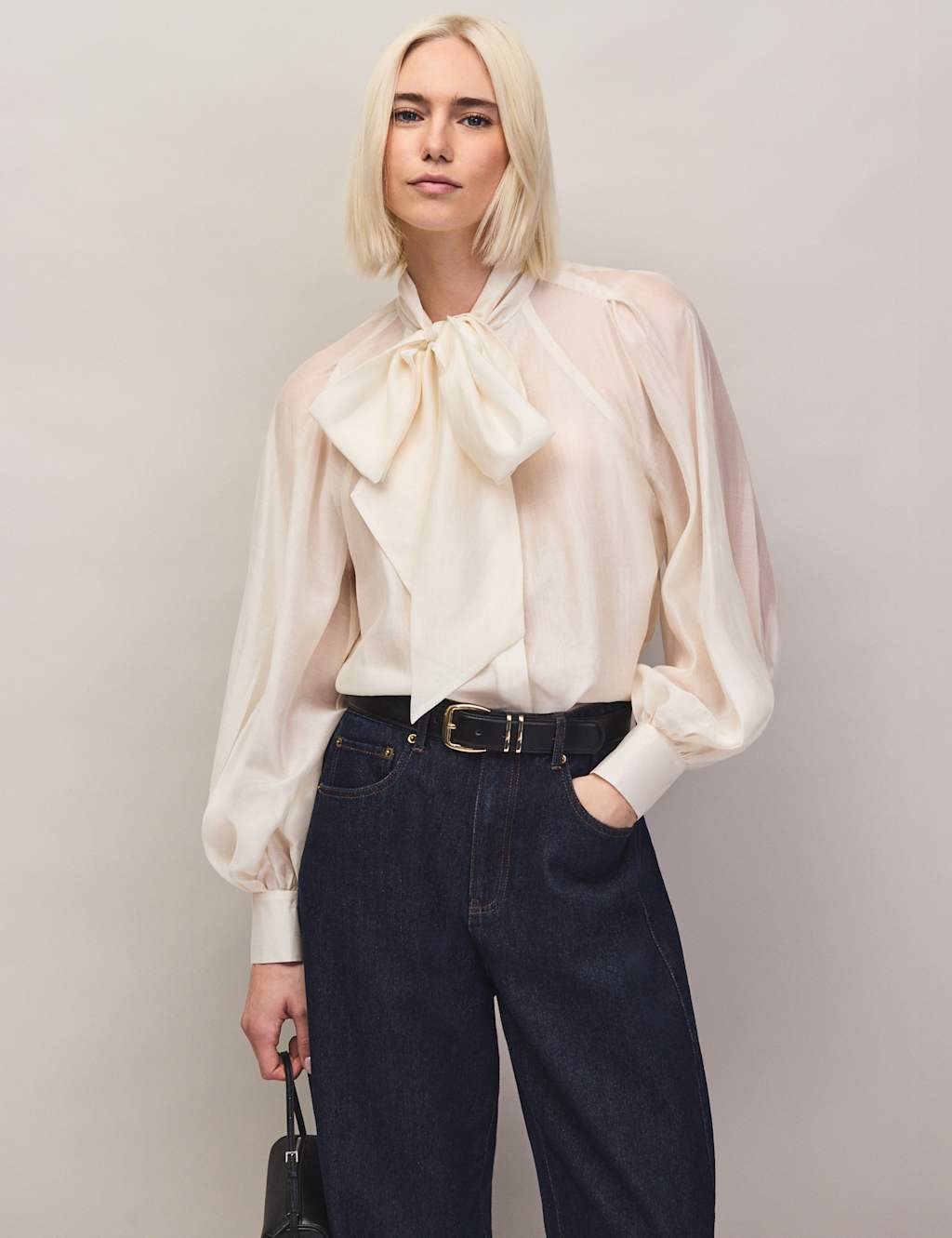Ro&Zo Women's Lyocell Rich Tie Neck Button Through Blouse - 12 - Cream - Available at M&S