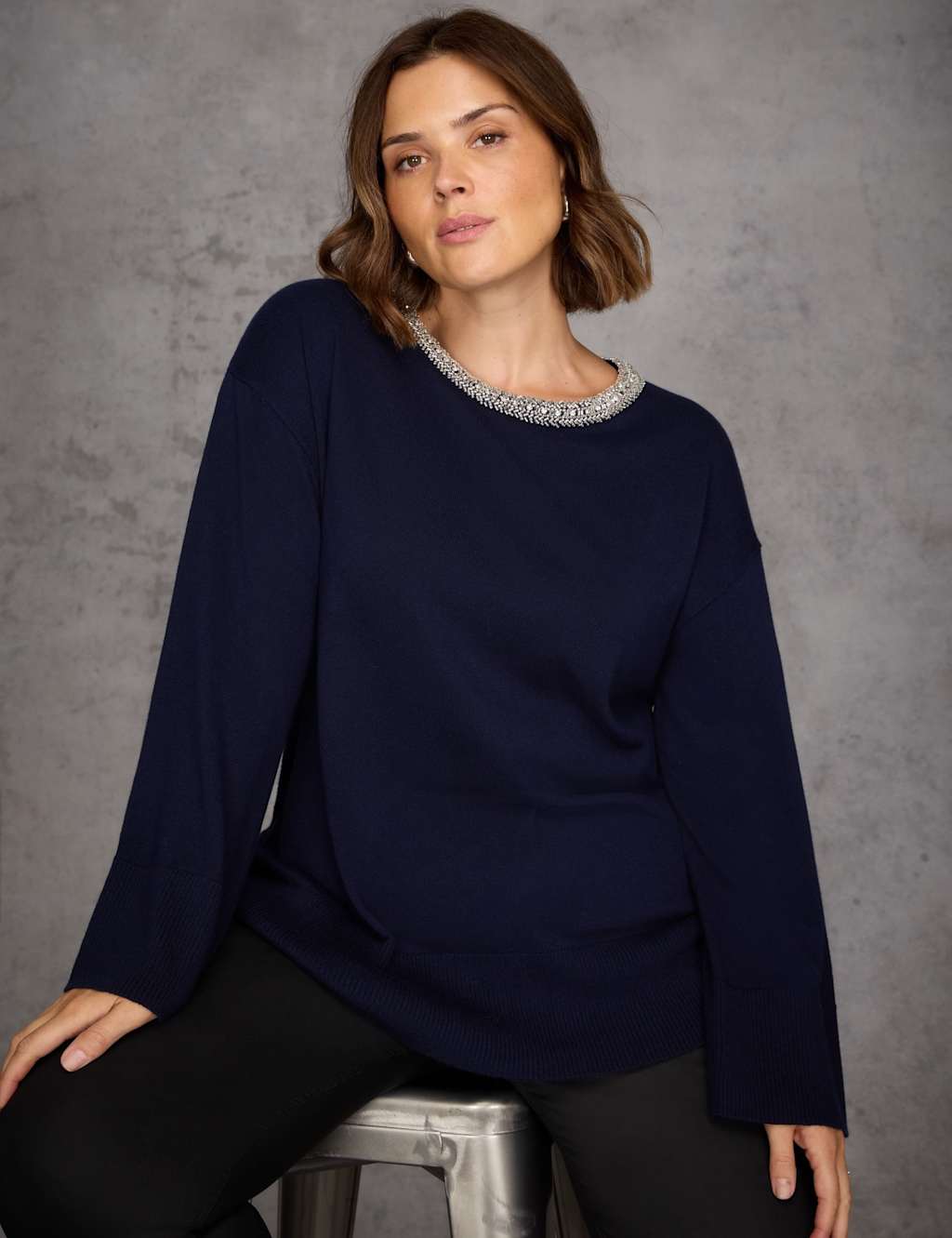 Live Unlimited London Embellished Wide Sleeve Jumper with Cashmere Navy