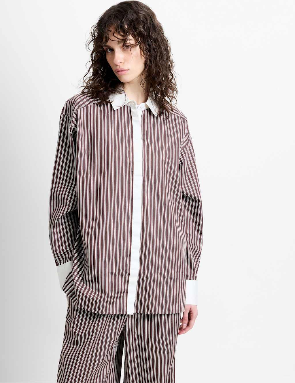 French Connection Women's Pure Cotton Striped Collared Shirt - Large - Brown Mix - Available at M&S