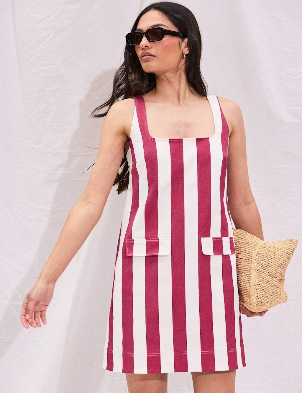 Ro&Zo Women's Cotton Rich Striped Square Neck Mini Dress - 10 - Red Mix - Available at M&S