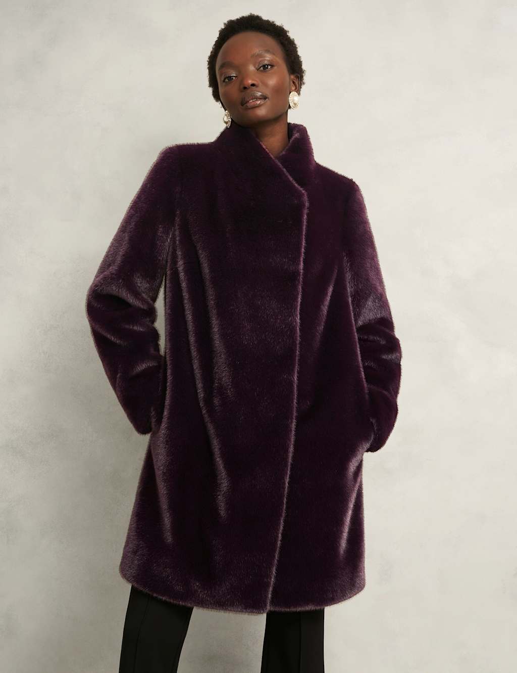 HOBBS Faux Fur High Neck Coat Red