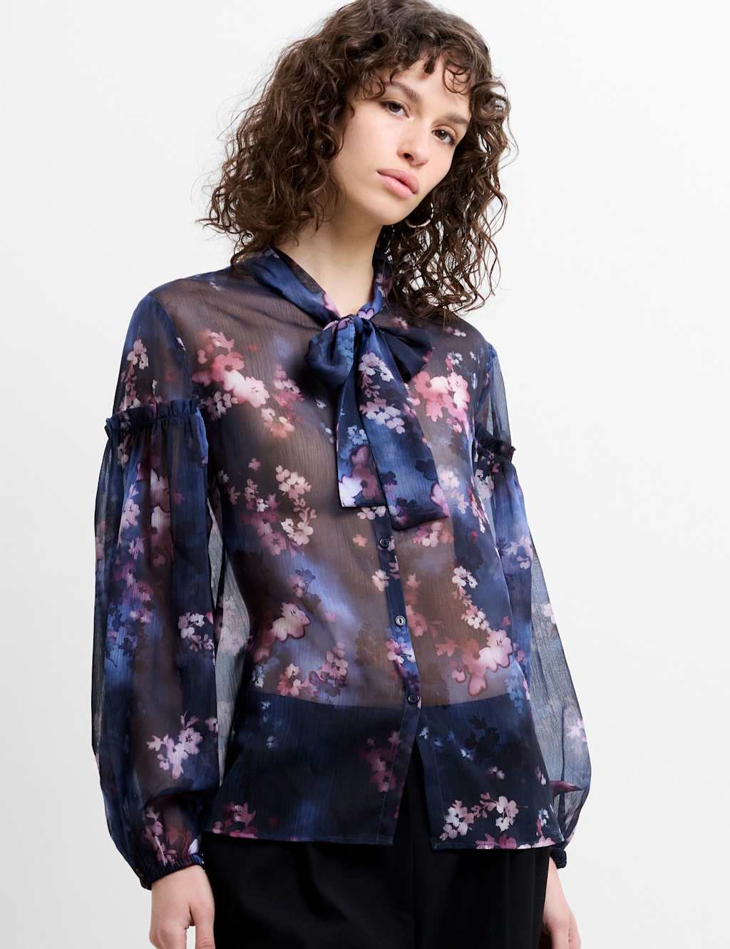 French Connection Women's Floral Tie Neck Button Through Shirt - Extra Small - Navy Mix - Available at M&S