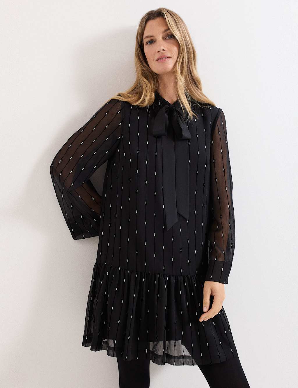 Phase Eight Sparkly Tie Neck Mini Swing Dress Black Mix