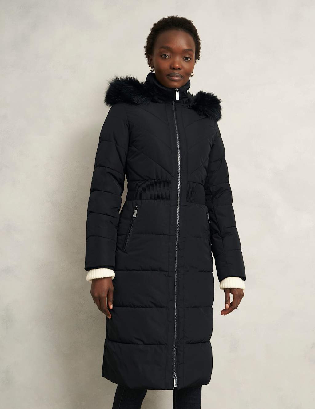 HOBBS Hooded Faux Fur Trim Longline Puffer Coat Black