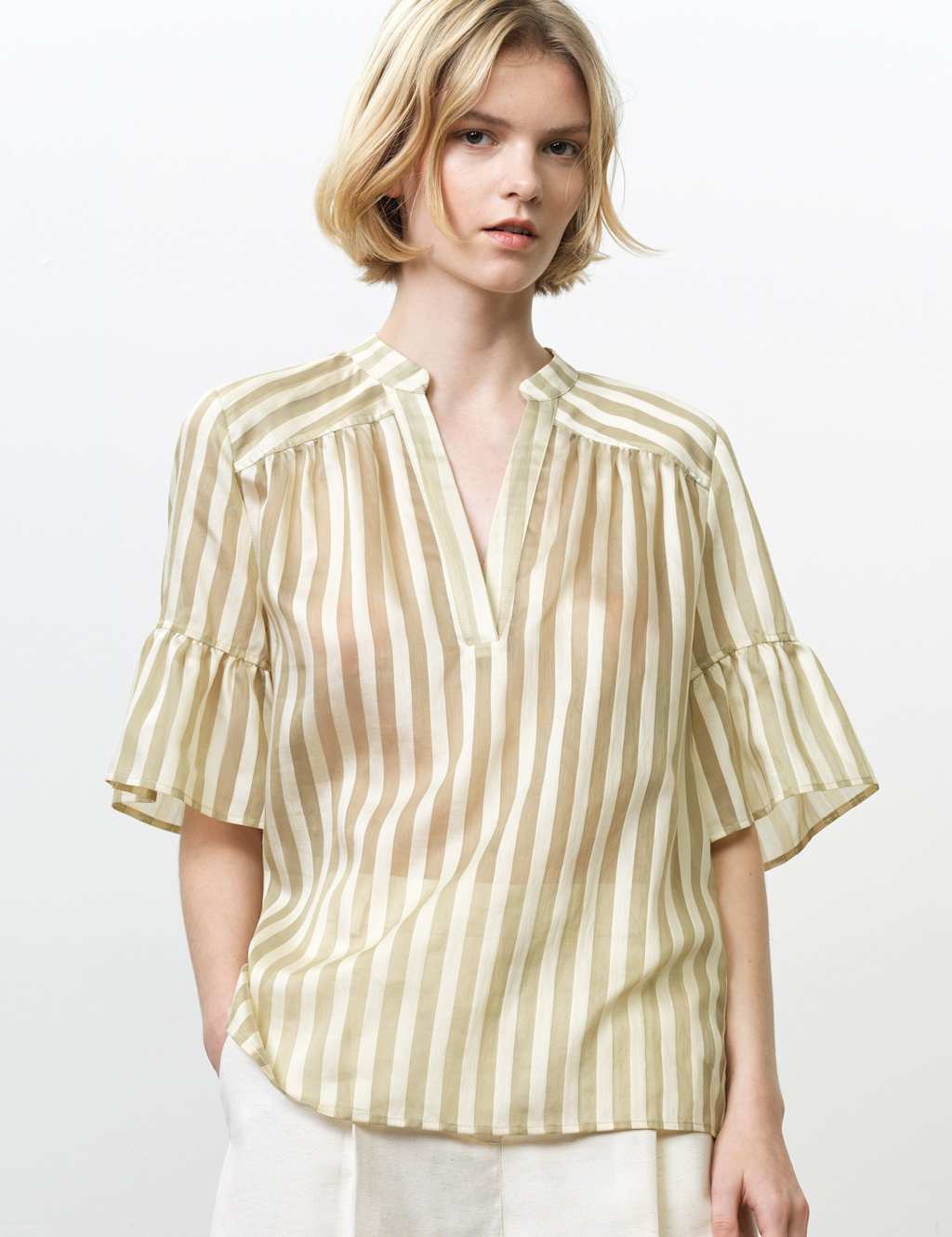 French Connection Women's Lyocell Rich Striped V-Neck Top - Large - Cream Mix - Available at M&S