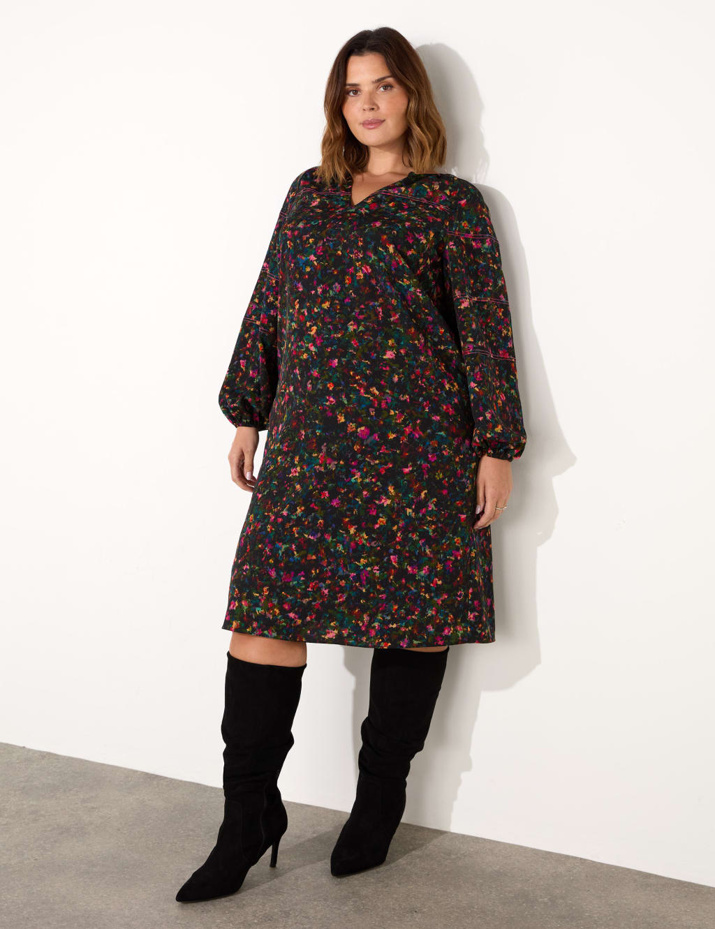 Ditsy Floral V-Neck Midi Swing Dress
