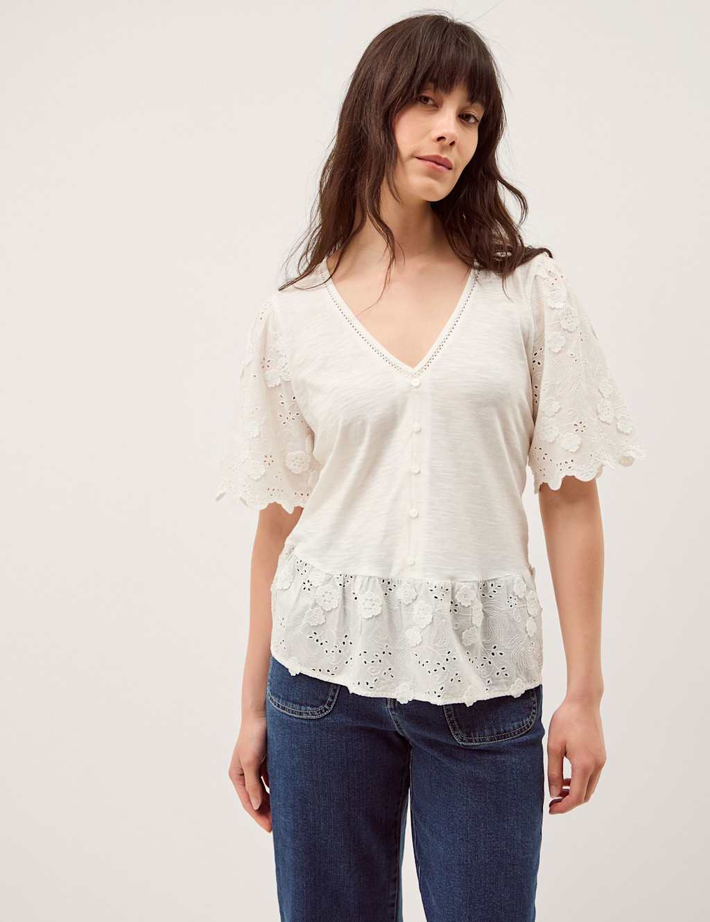 Monsoon Women's Cotton Rich Broderie V-Neck Blouse - Large - Ivory - Available at M&S