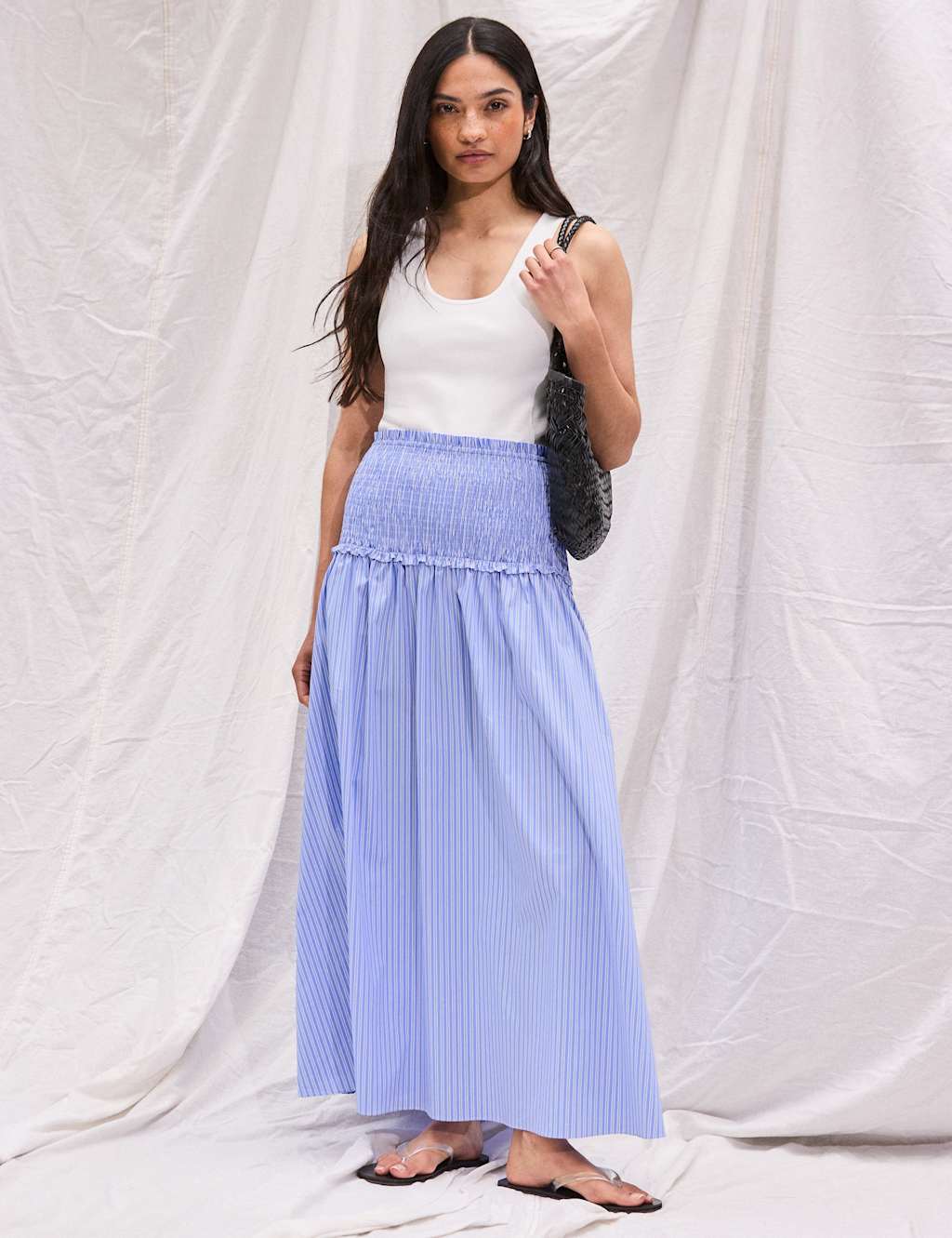 Ro&Zo Women's Cotton Rich Striped Shirred Midaxi Skirt - 12 - Light Blue Mix - Available at M&S