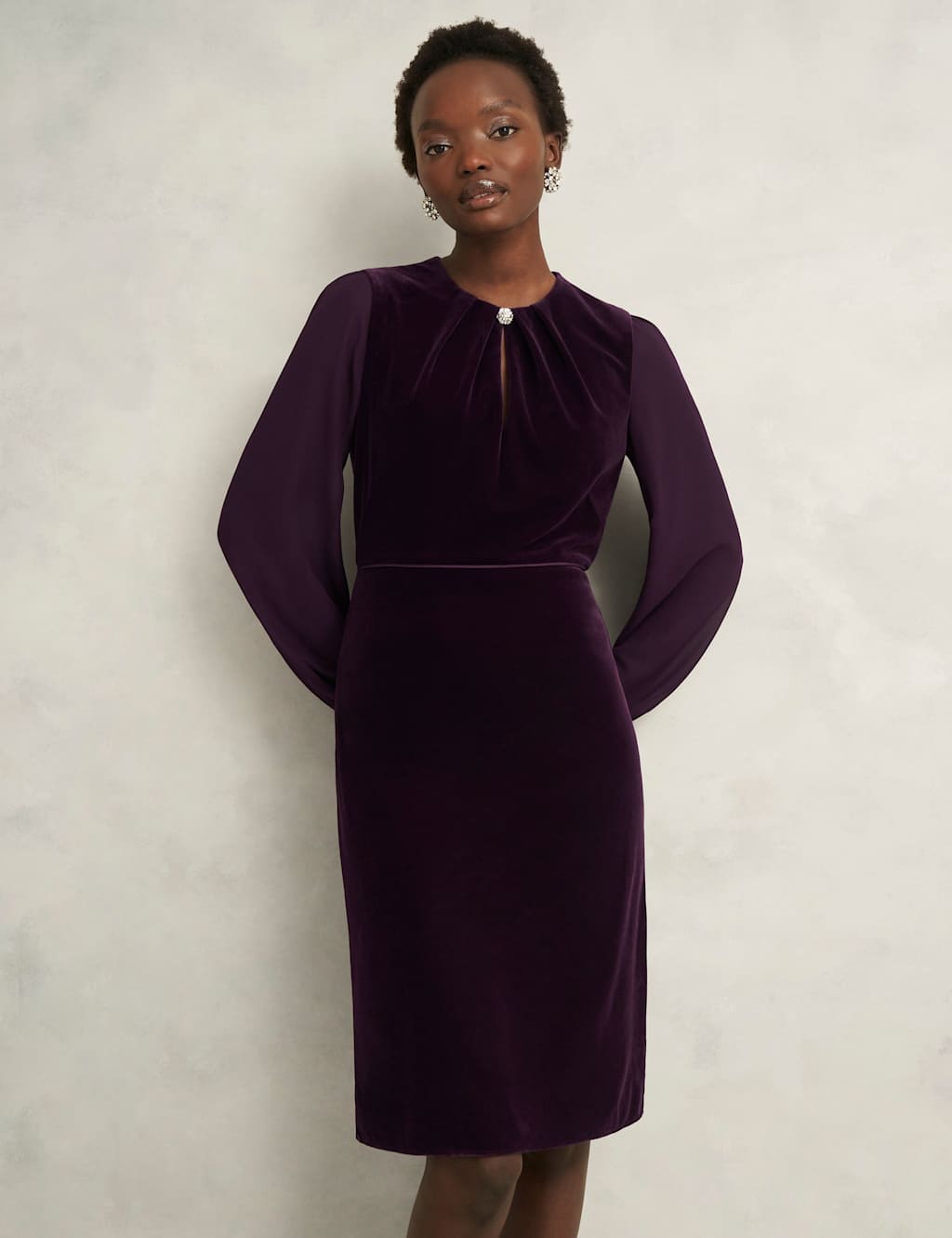 HOBBS Velvet Blouson Sleeve Shift Dress Purple