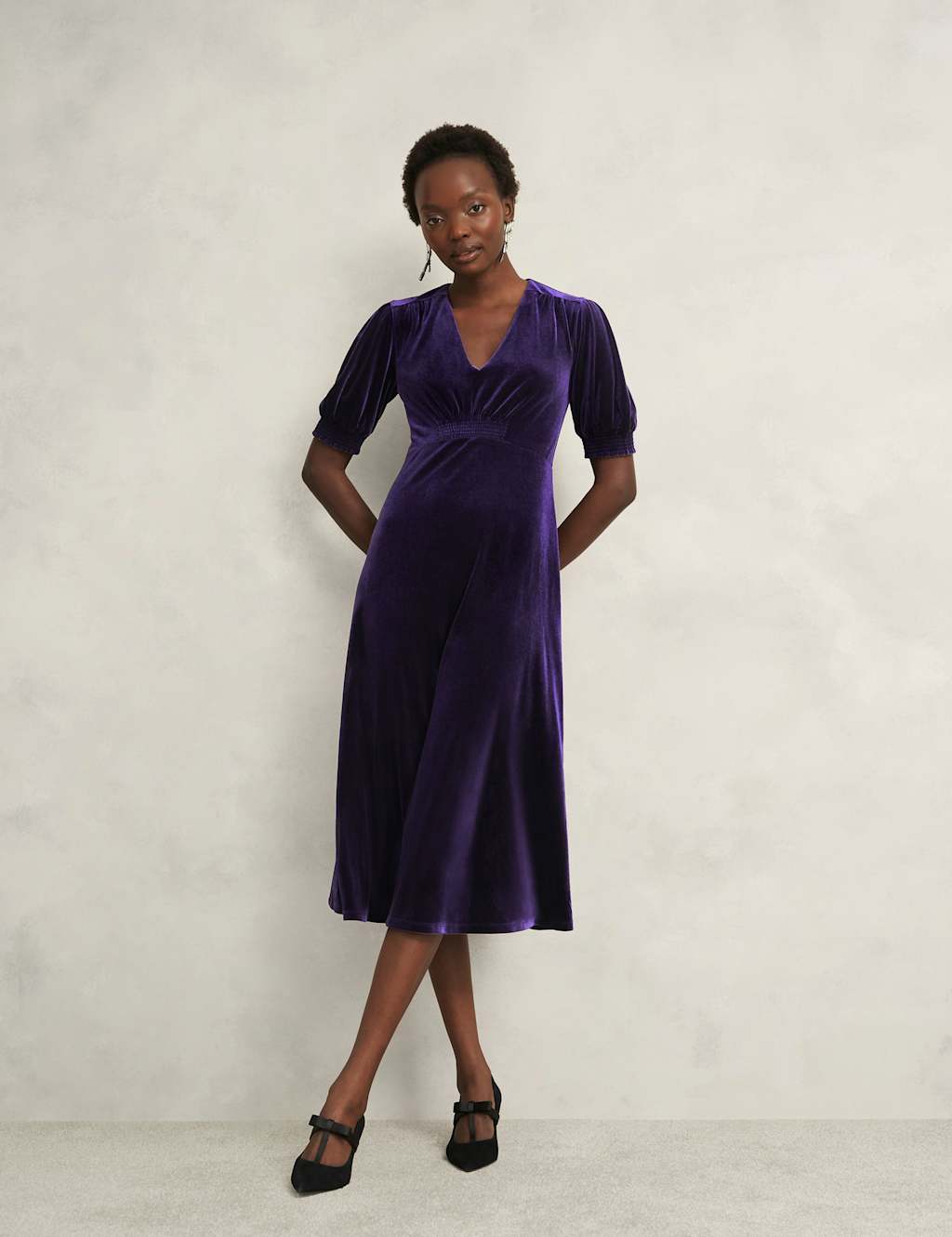 HOBBS Velvet V-Neck Midi Skater Dress Purple