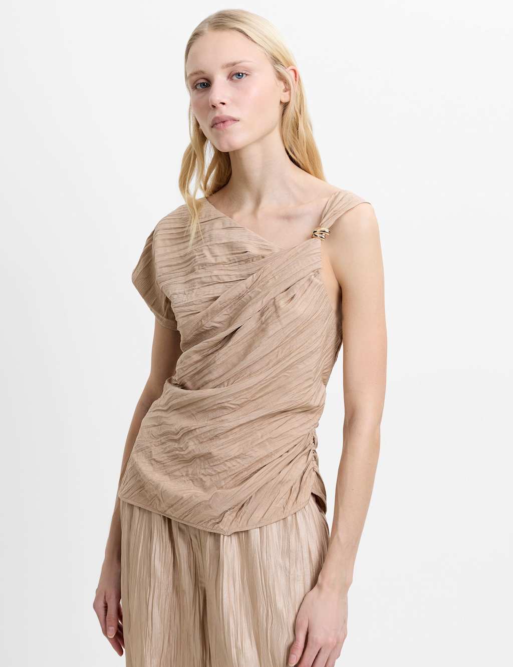 French Connection Women's Textured One Shoulder Hardware Detail Top - Large - Nude - Available at M&S