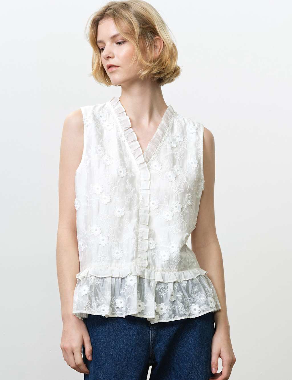 French Connection Women's Pure Cotton Embroidered V-Neck Peplum Top - Extra Small - White - Available at M&S
