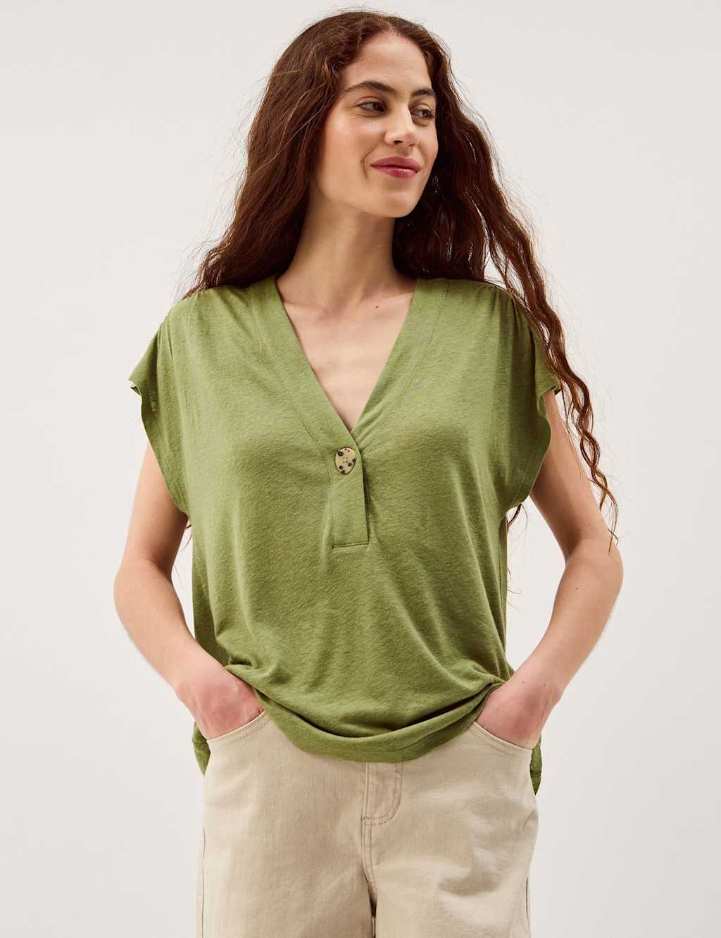 Monsoon Women's Linen Rich V-Neck Button Detail T-Shirt - Small - Khaki - Available at M&S