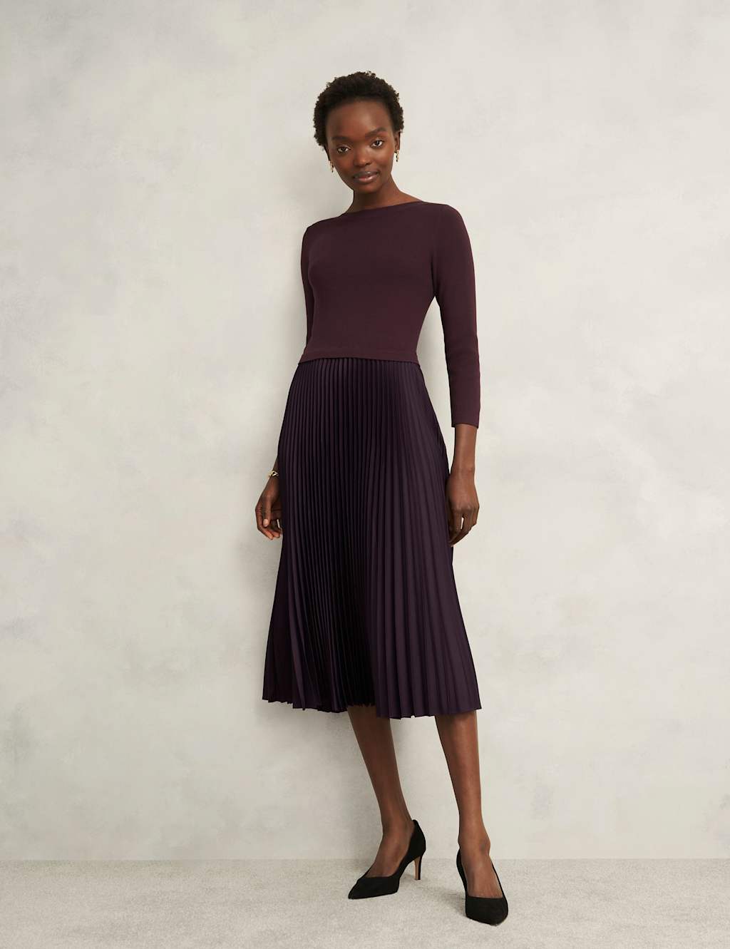HOBBS Knitted Satin Pleated Midi Skater Dress Purple
