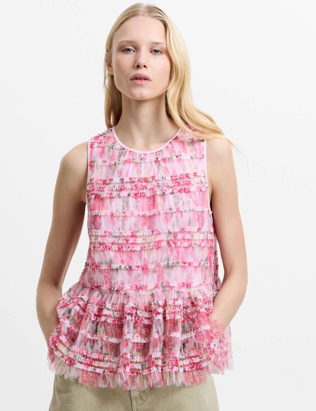 French Connection Women's Mesh Floral Frill Detail Top - Extra Small - Pink Mix - Available at M&S