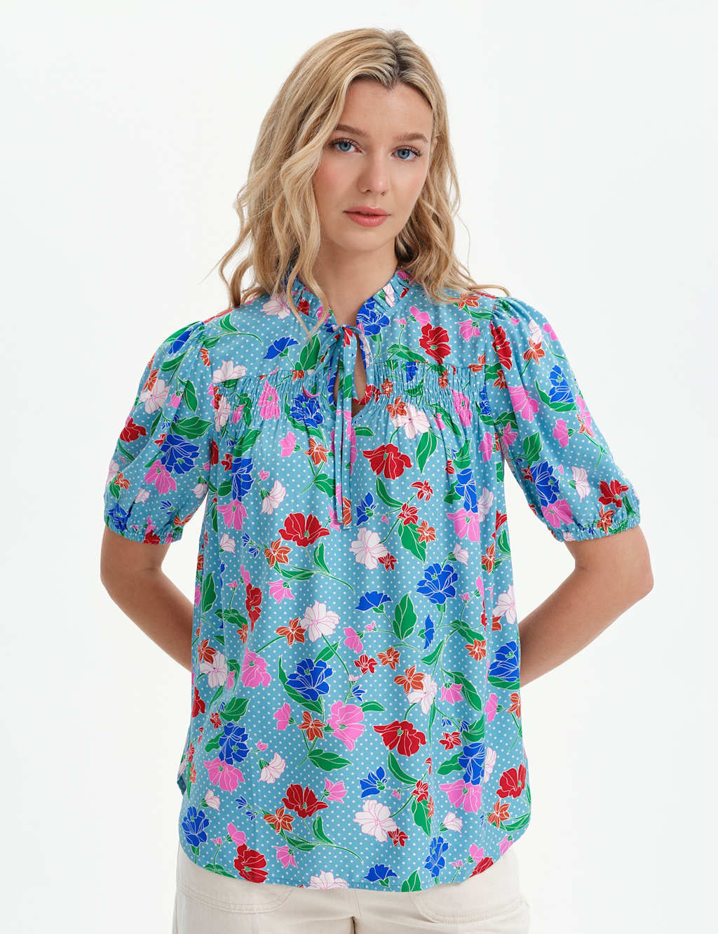 Finery London Women's Floral Tie Neck Top - 10 - Blue Mix - Available at M&S