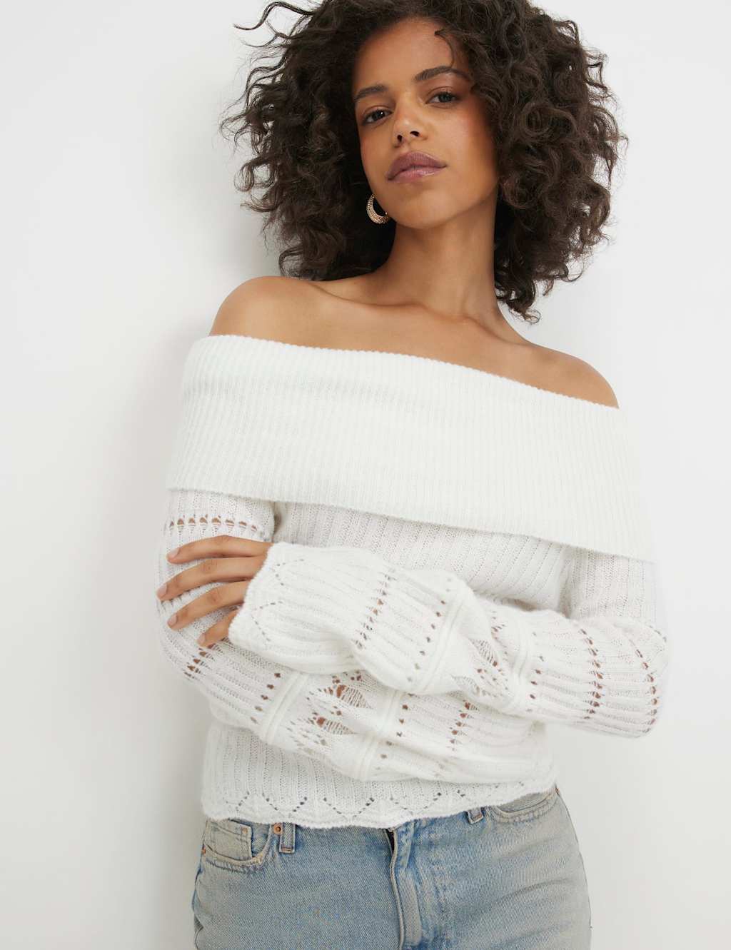 River Island Women's Pure Cotton Pointelle Bardot Jumper - Small - Cream - Available at M&S