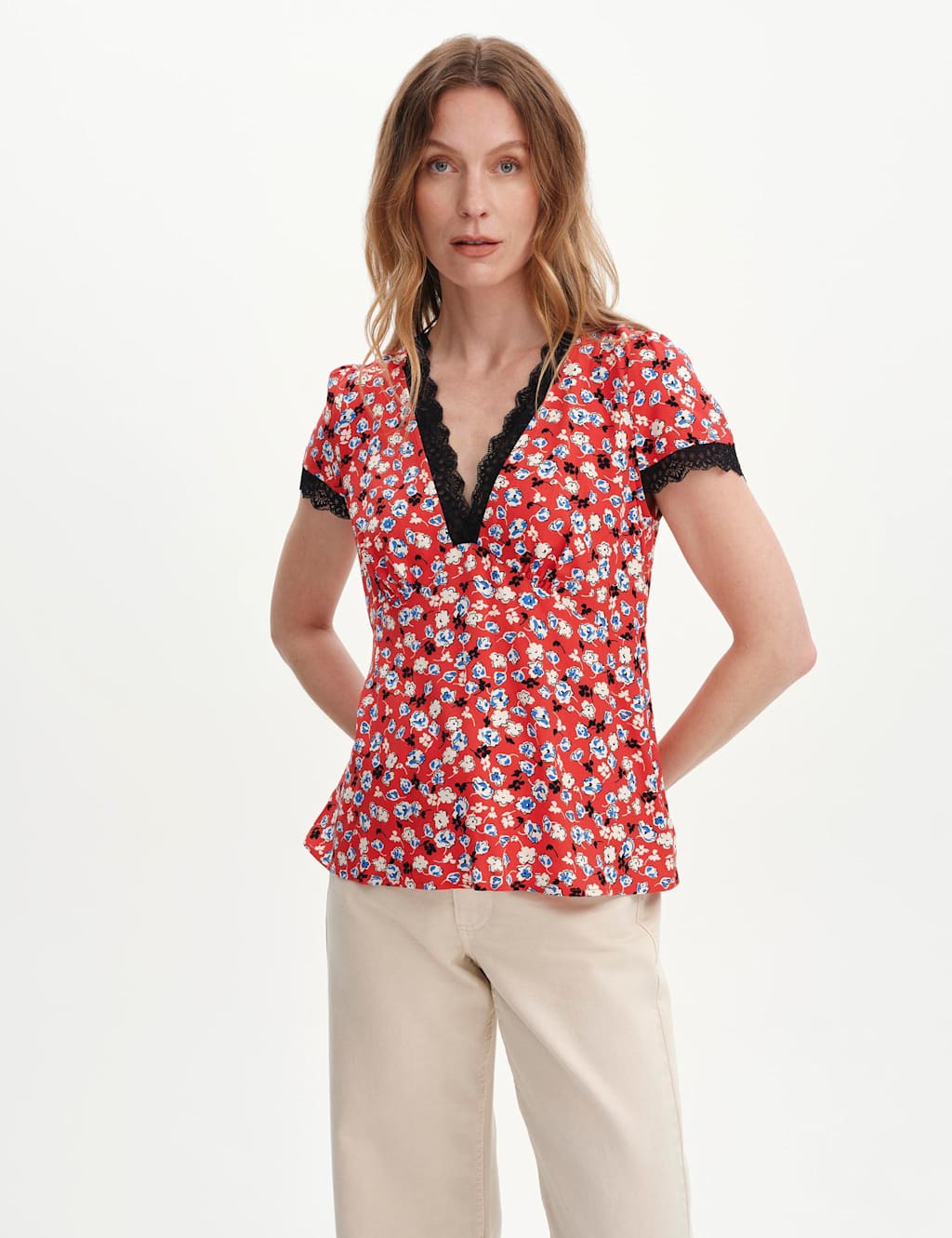 Finery London Women's Floral Lace Trim V-Neck Top - 10 - Red Mix - Available at M&S