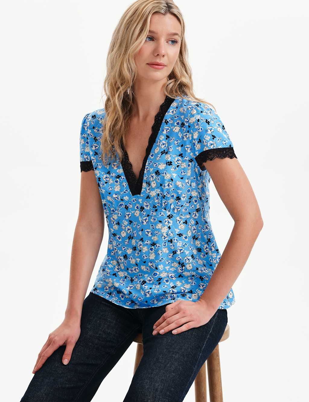 Finery London Women's Floral Lace Trim V-Neck Top - 14 - Blue Mix - Available at M&S