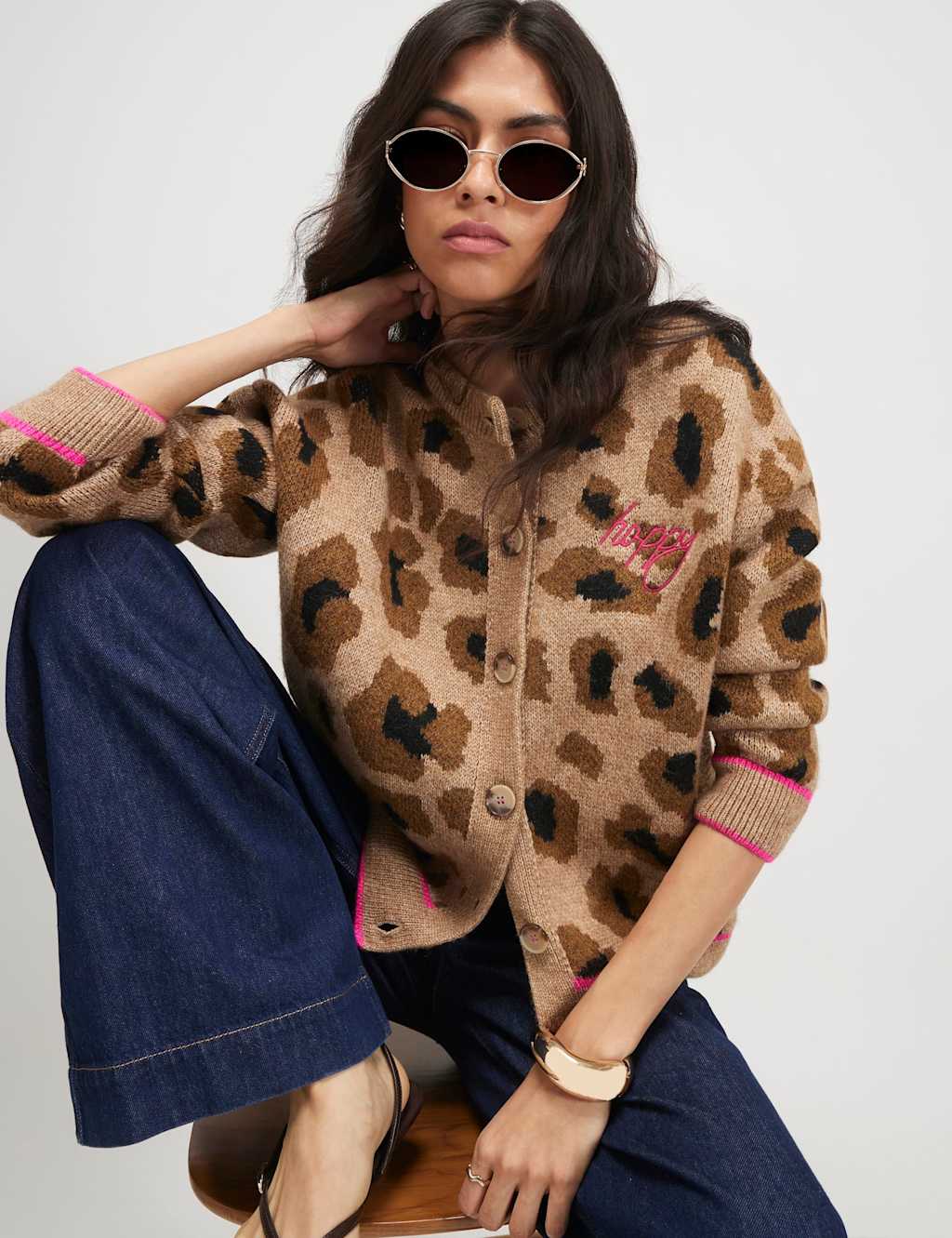 River Island Women's Animal Print Smiley Face Crew Neck Cardigan - Medium - Beige Mix - Available at M&S
