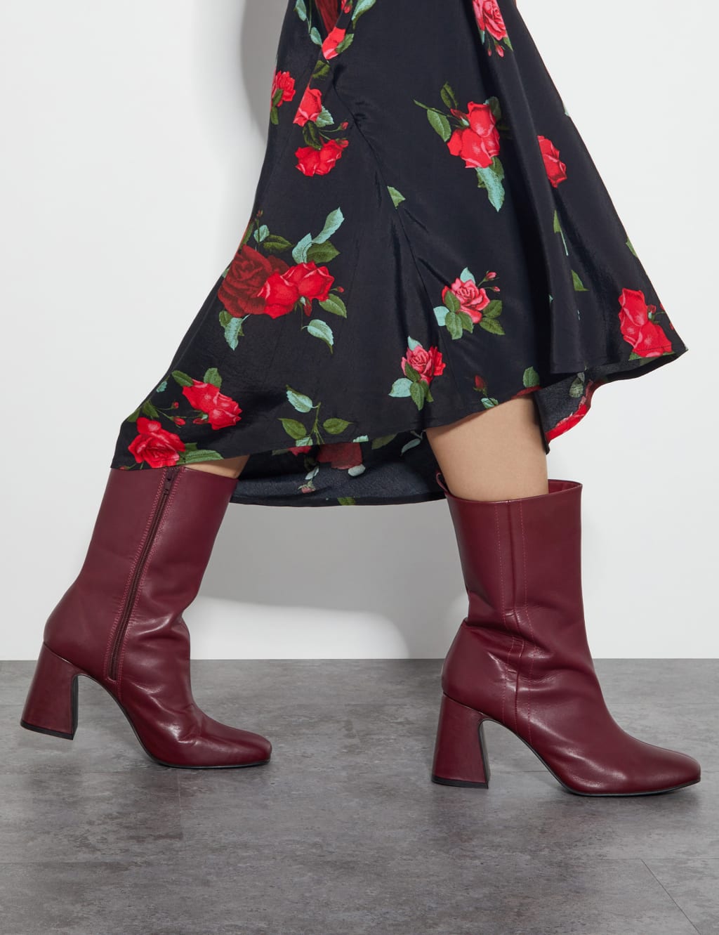 Leather Block Heel Square Toe Boots