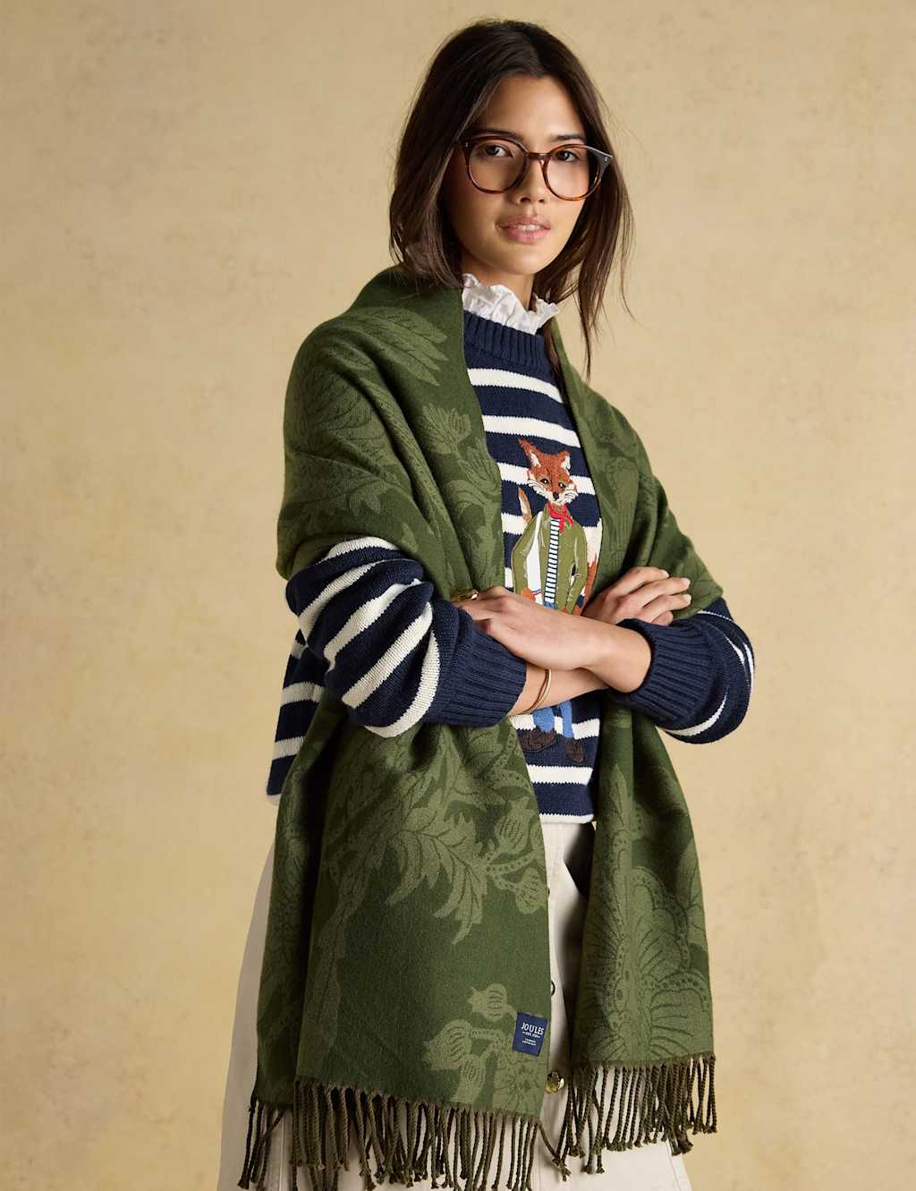 Joules Jacquard Printed Tassel Scarf Green Mix