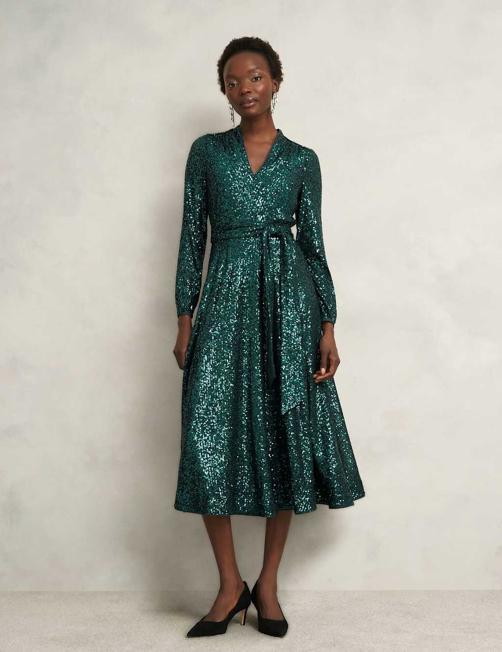 HOBBS Sequin V-Neck Midi Skater Dress Green