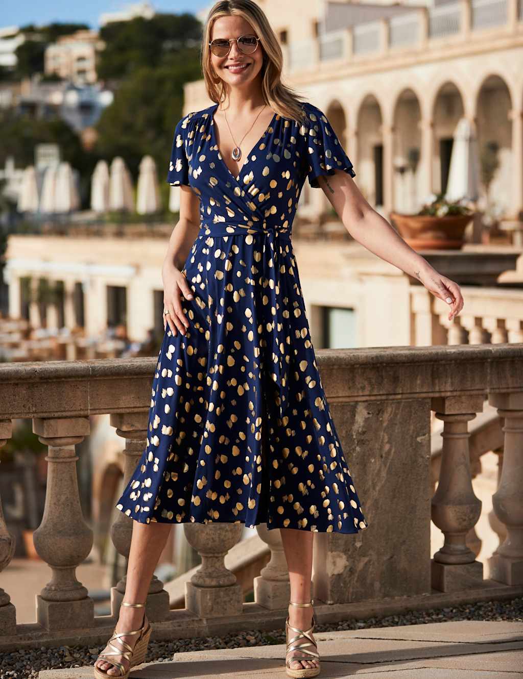 Sosandar Women's Metallic Spot Print V-Neck Midi Wrap Dress - 10 - Navy Mix - Available at M&S