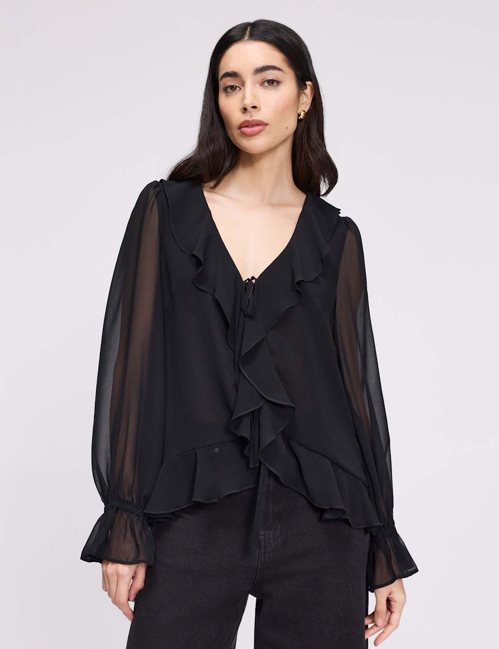 Finery London Women's Chiffon V-Neck Ruffle Tie Front Blouse - 8 - Black - Available at M&S