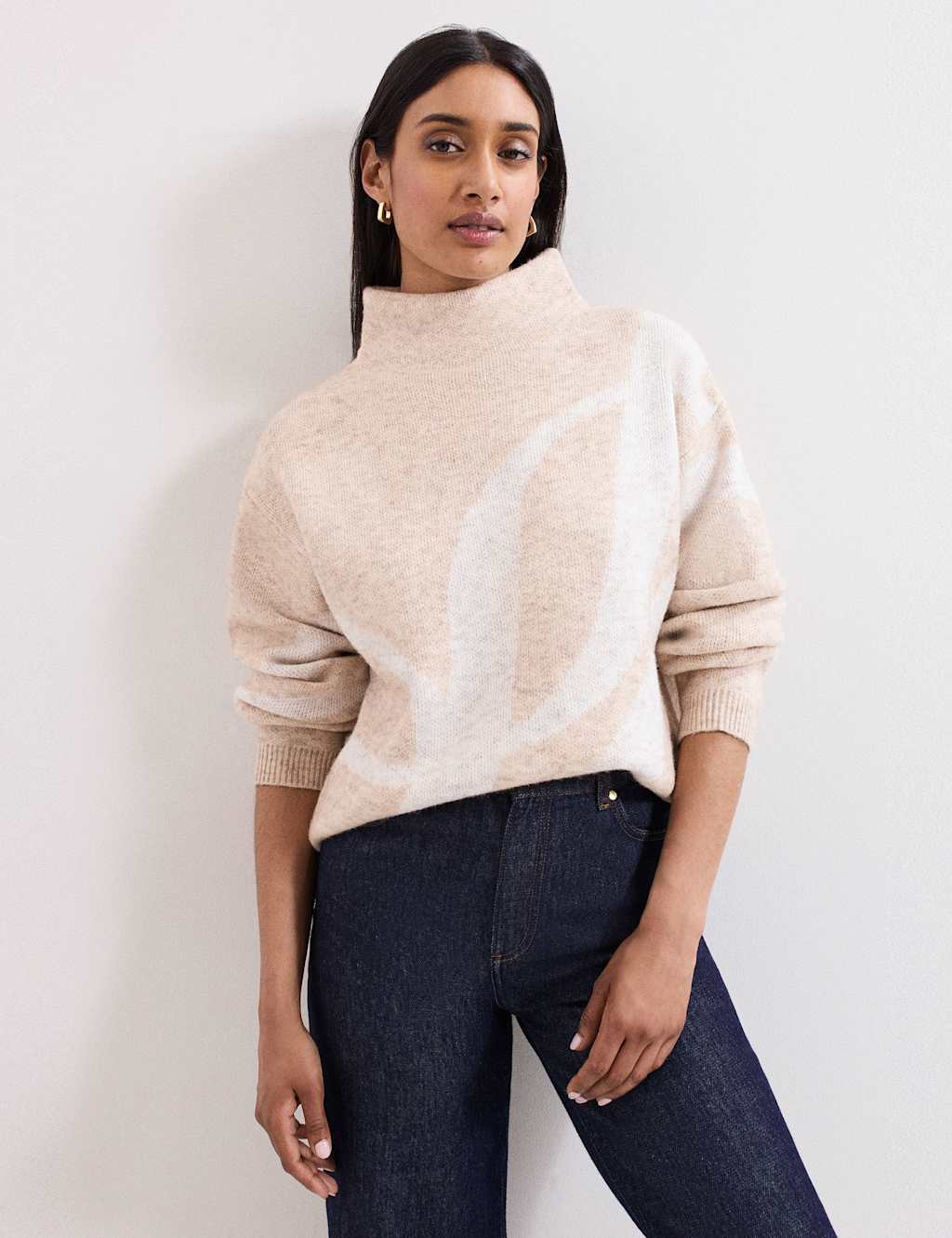 Phase Eight Printed Funnel Neck Jumper Natural Mix