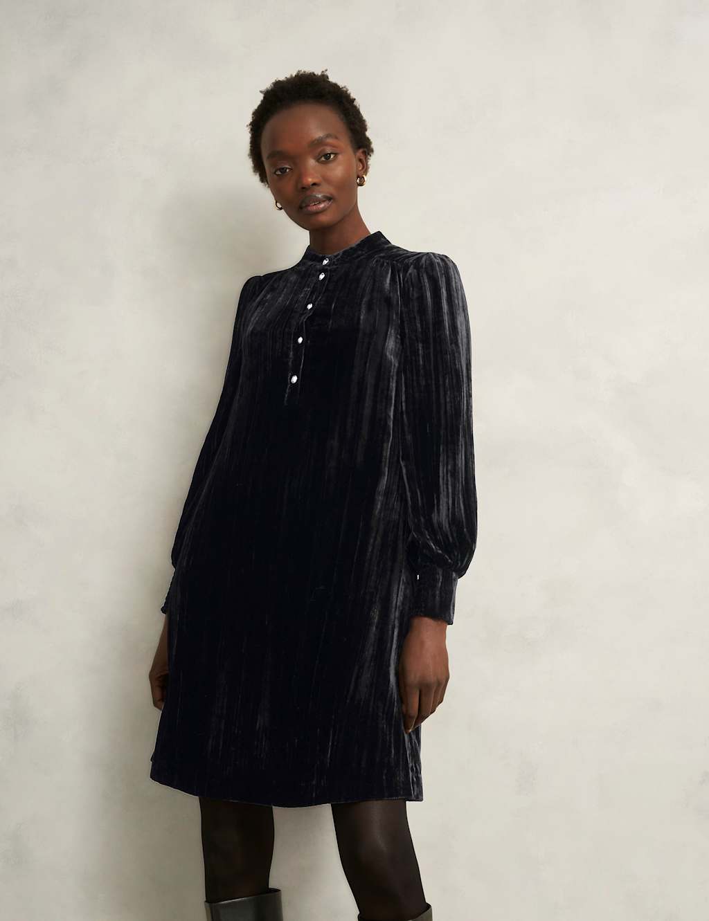 HOBBS Velvet Button Front Knee Length Shift Dress Black