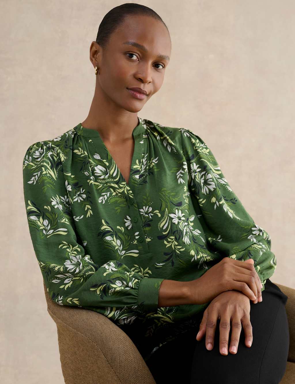 Hobbs Women's Floral Notch Neck Blouse - 10 - Green Mix - Available at M&S