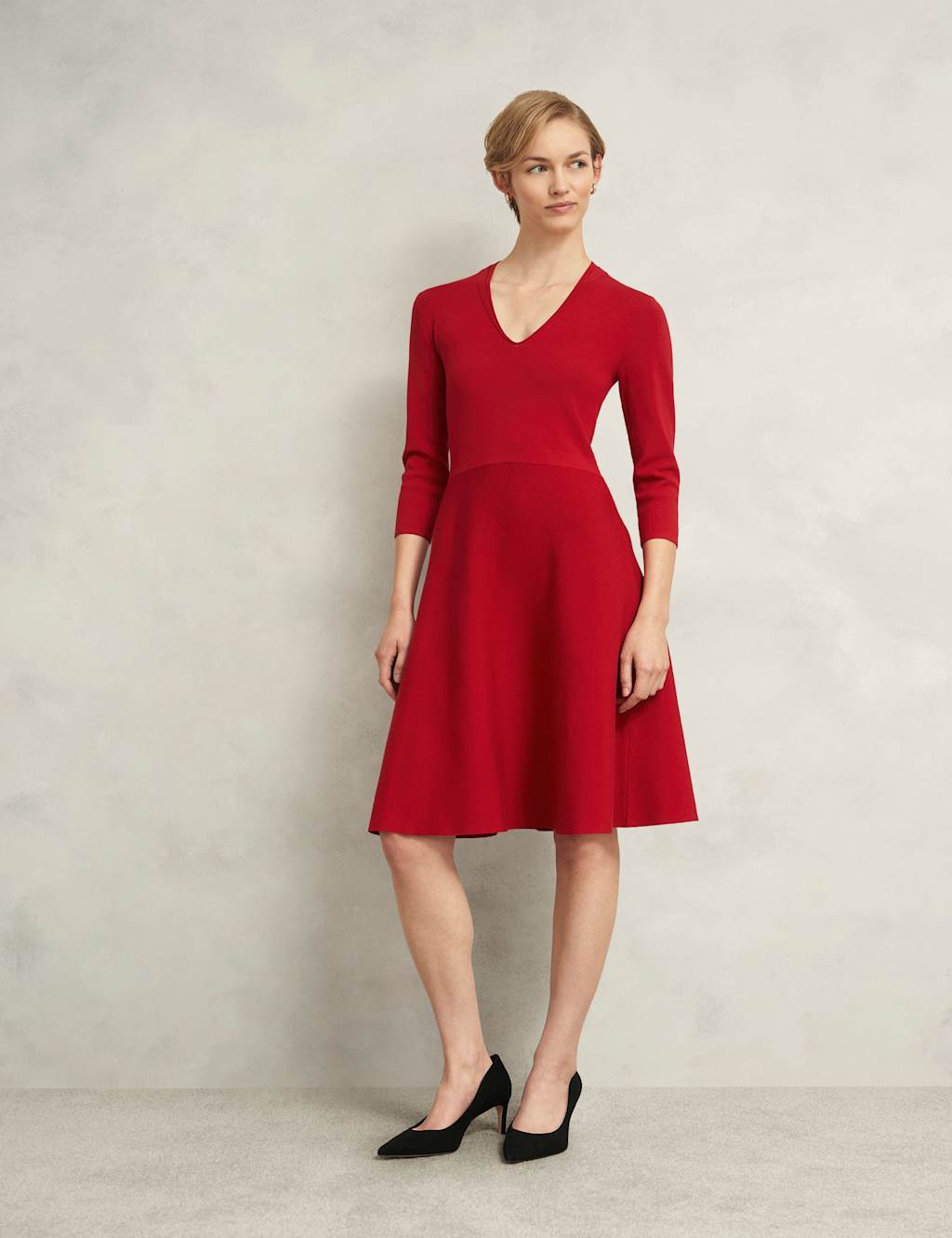 HOBBS Knitted V-Neck Knee Length Skater Dress Red