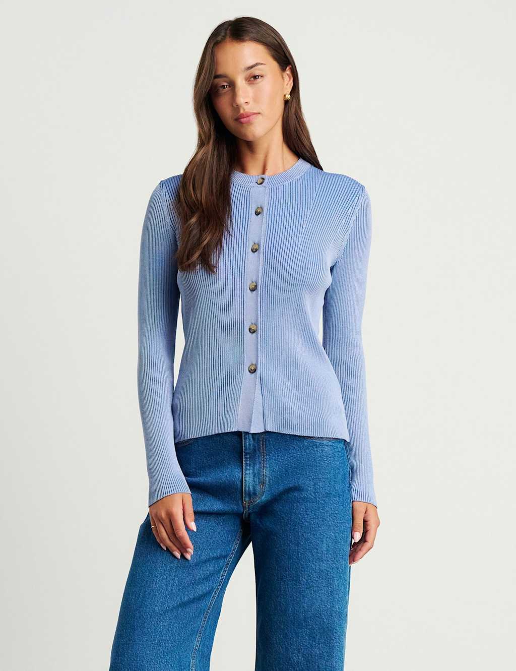 Jag Women's Ribbed Crew Neck Button Front Fitted Cardigan - 12 - Light Blue - Available at M&S