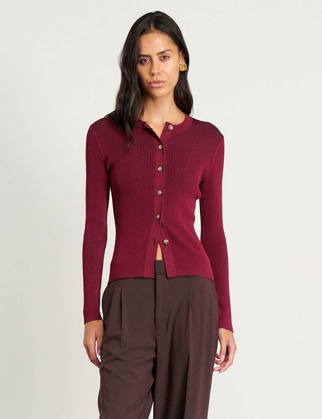 Jag Women's Ribbed Crew Neck Button Front Fitted Cardigan - 10 - Burgundy - Available at M&S