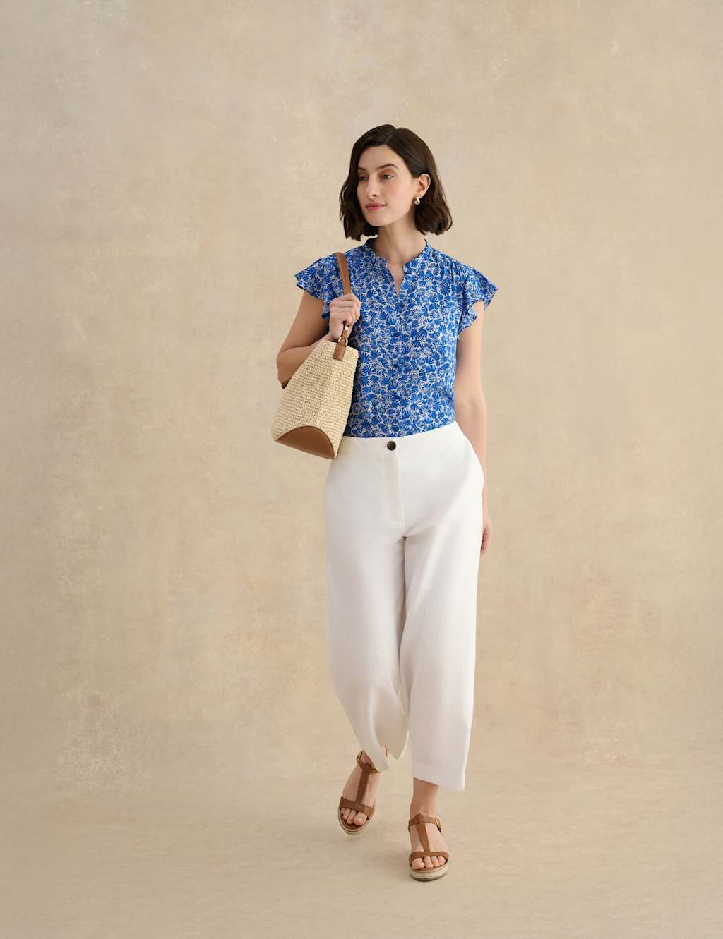 Hobbs Women's Printed Collarless Angel Sleeve Blouse - 12 - Blue Mix - Available at M&S