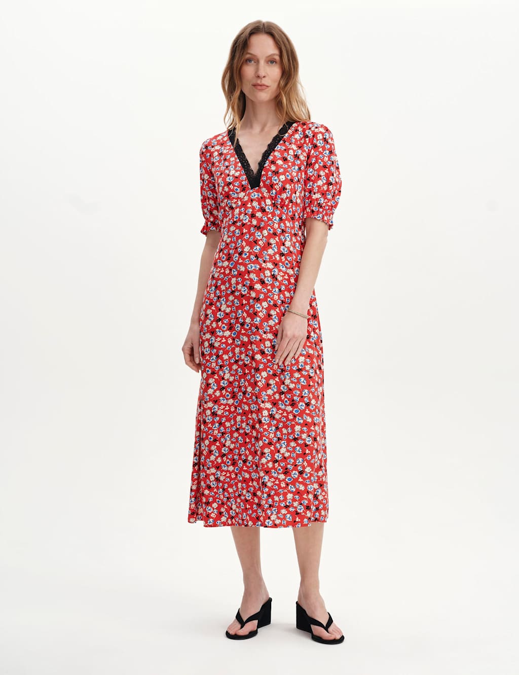 Finery London Women's Floral V-Neck Midi Tea Dress - 10 - Red Mix - Available at M&S