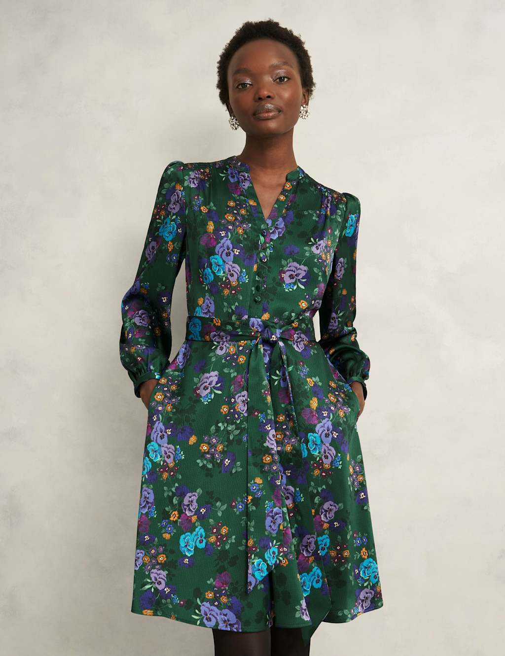 HOBBS Floral Notch V-Neck Skater Dress Green