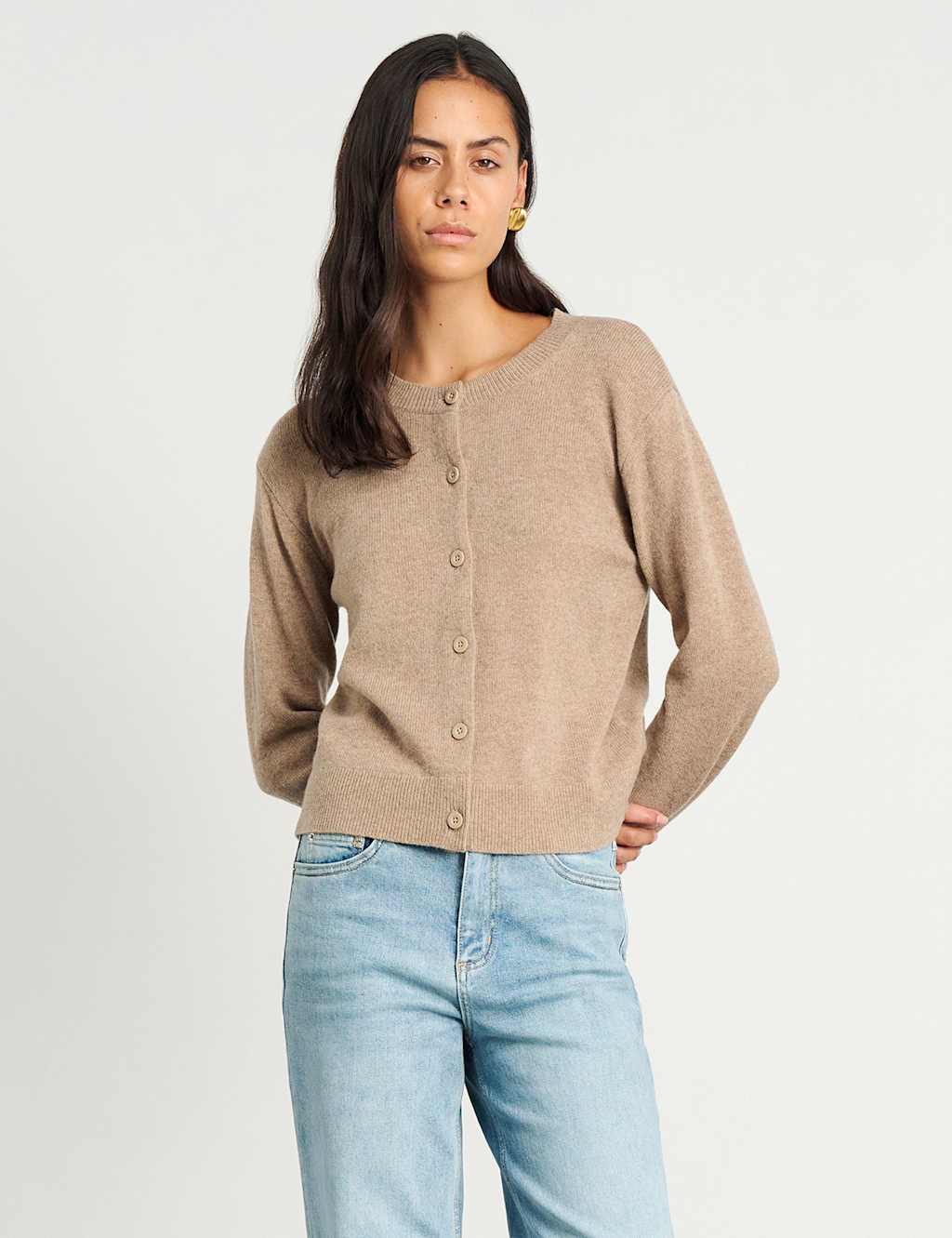 Jag Women's Pure Merino Wool Crew Neck Button Front Cardigan - 6 - Light Brown - Available at M&S