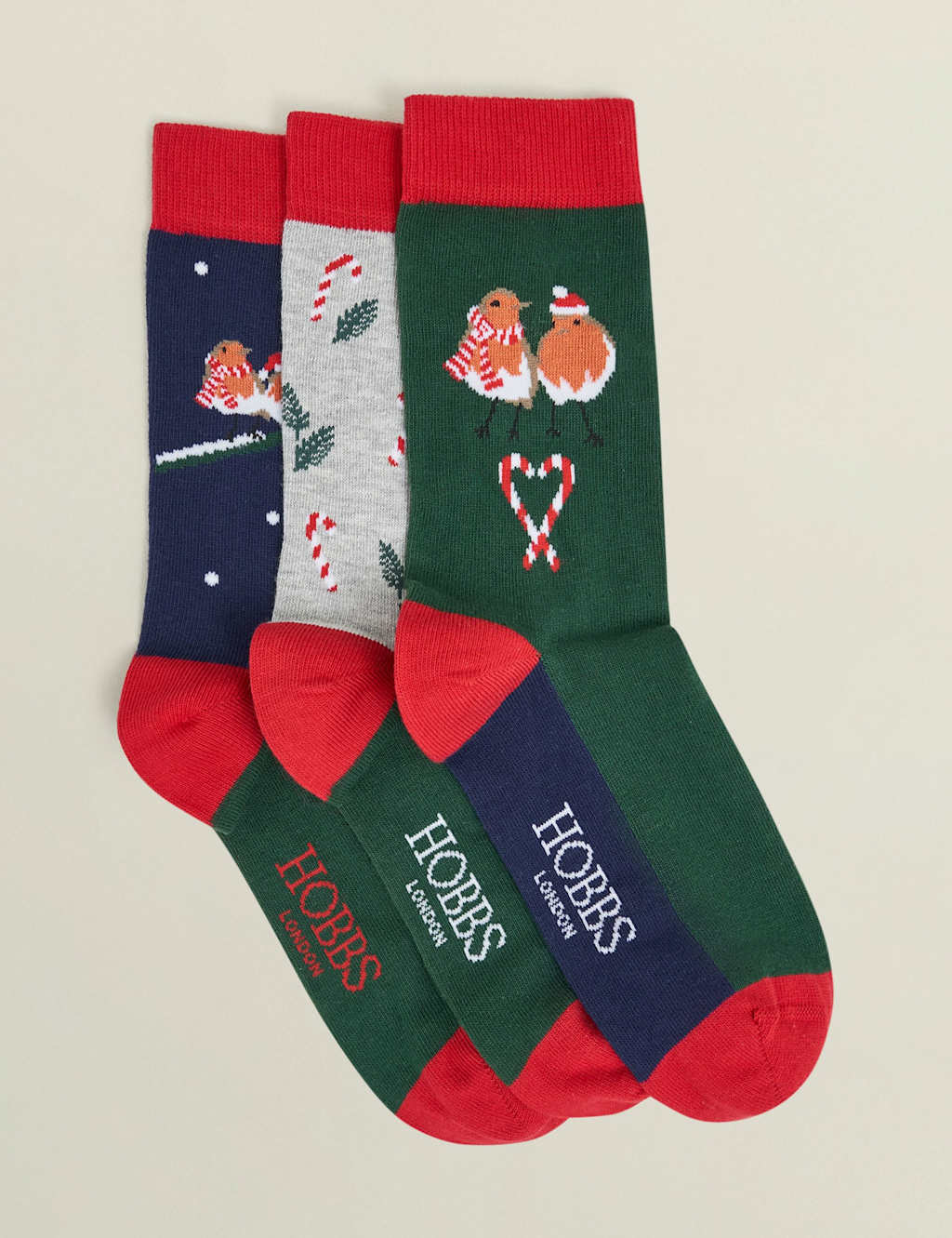 HOBBS 3pk Cotton Rich Festive Robin Ankle High Socks Red Mix