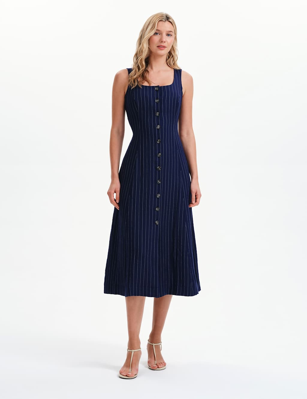 Finery London Women's Striped Square Neck Midi Waisted Dress - 16 - Navy Mix - Available at M&S