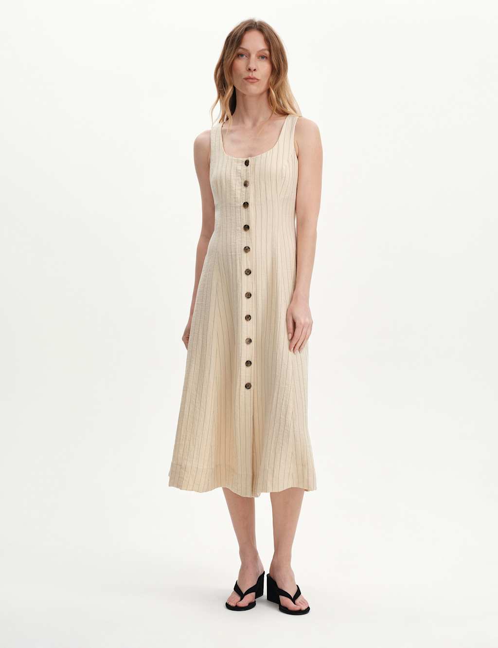 Finery London Women's Striped Square Neck Midi Waisted Dress - 22 - Beige Mix - Available at M&S