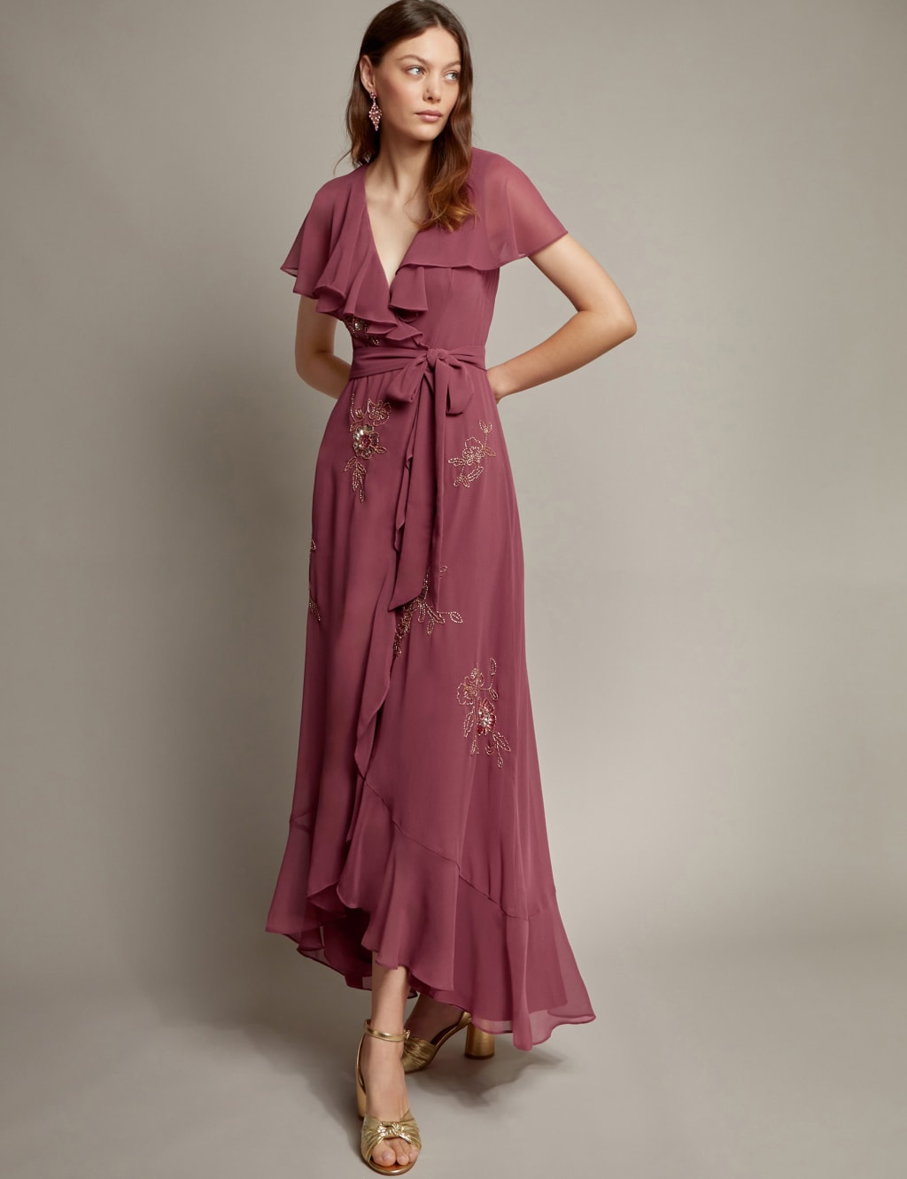 Floral Embellished V-Neck Midi Wrap Dress