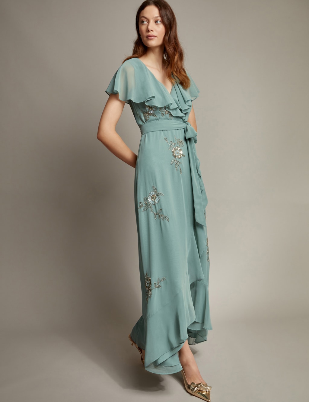 Floral Embellished V-Neck Midi Wrap Dress