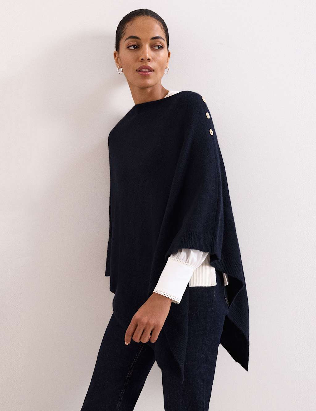 Phase Eight Smart Knitted Button Detail High Low Poncho Navy