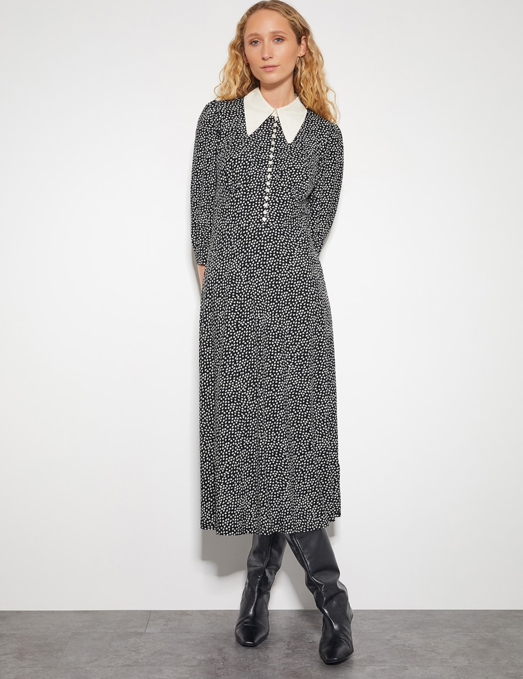 Jersey Ditsy Floral Collared Midi Shirt Dress