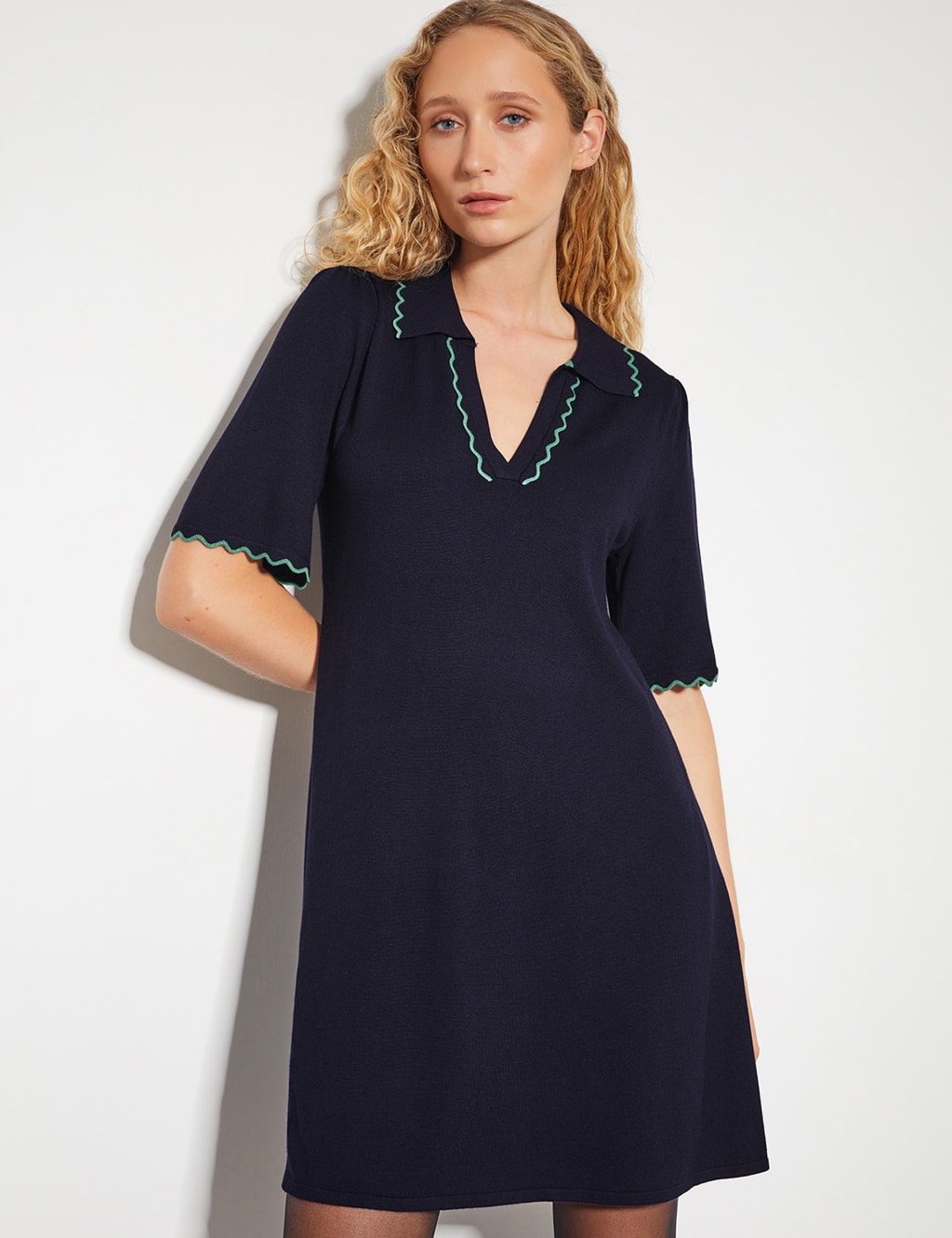 Knitted Collared Knee Length Dress