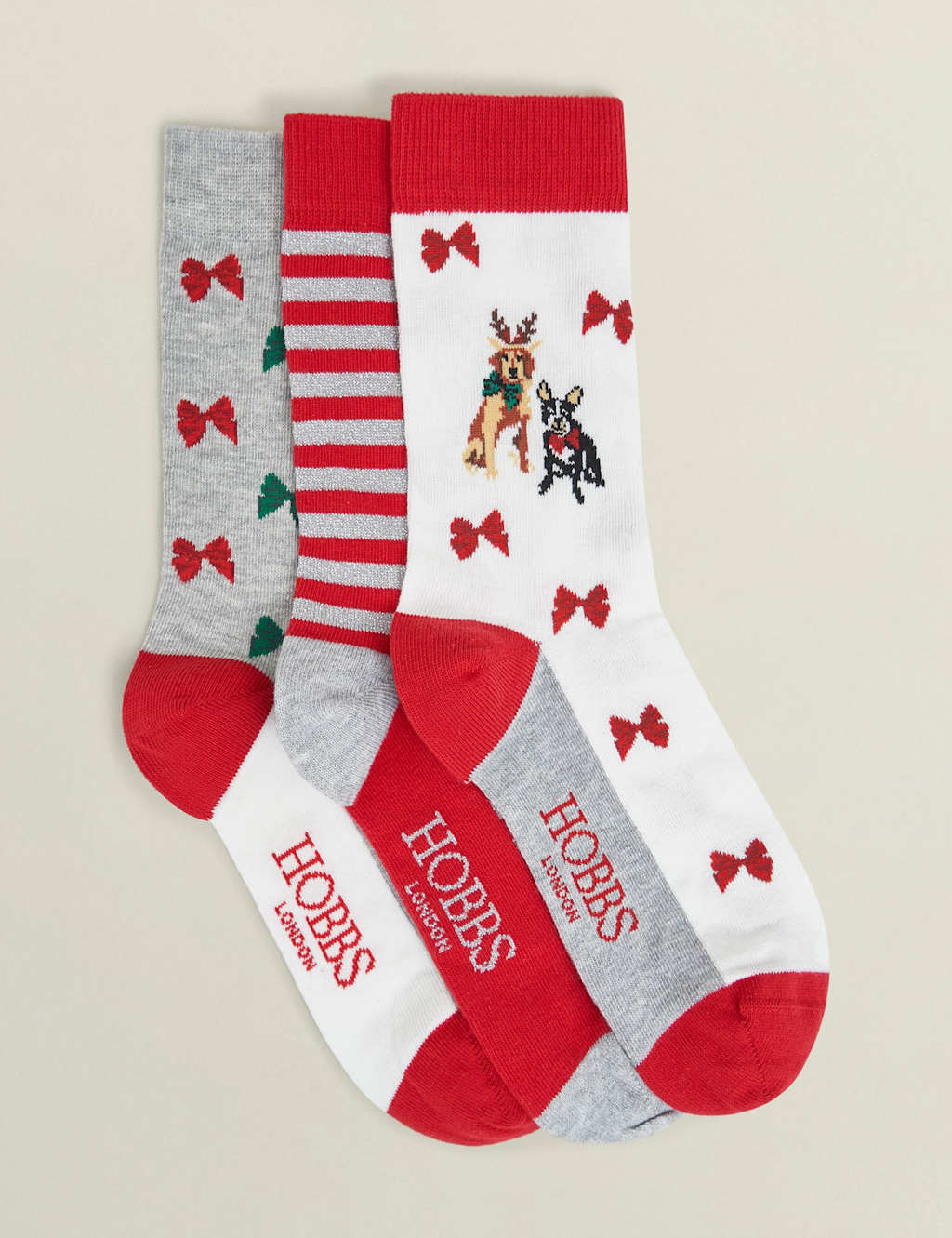HOBBS 3pk Cotton Rich Festive Dog Ankle High Socks Red Mix